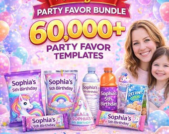 May include: A digital bundle of party favor templates featuring unicorn and rainbow graphics with the text Sophia's 5th Birthday. Includes designs for chip bags, pouches, water bottles, juice bottles, party hats, and candy bar wrappers.