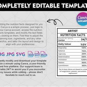 May include: A printable nutrition facts template for an artist, with the text "Artist Nutrition Facts" and "24/7" in a black and white design. The template lists daily values for originality, patience, ingenuity, determination, innovation, passion, and commitment.