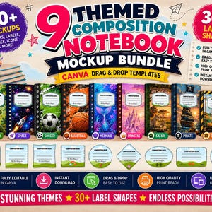 Composition Notebook Cover Bundle, Editable Canva Notebook Covers, Printable School Covers, 9 Kids Themes, Instant Download