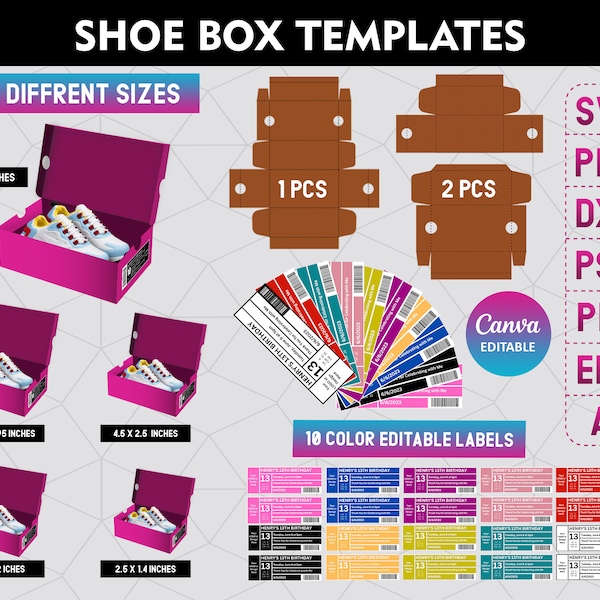 Schuhkarton Vorlage Bundle, Sneaker Box Vorlage Bundle svg, Schuhkarton Etikett svg, Geschenkbox svg, Partygeschenke Box, Schuhkartonetikettvorlage