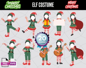 Op de afbeelding: Twintig elf-kostuumontwerpen met lege gezichten om foto's aan toe te voegen. De elf-kostuums zijn rood, groen en wit met puntige hoeden. De tekst "ELF COSTUME" staat bovenaan de afbeelding. De tekst "Merry Christmas" staat linksboven en rechtsboven in de afbeelding.
