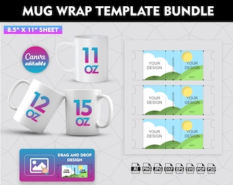 11oz, 12oz, 15oz Mug Template Set, Mug Full Wrap Template, Sublimation Mug Template, Mug Press, Mug Template Svg, dxf, png, Canva Editable