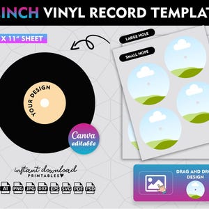 Puede incluir: Plantilla de disco de vinilo negro de 30 cm con una etiqueta central beige que dice "YOUR DESIGN". Incluye una hoja de cuatro diseños circulares con imágenes de paisajes y un gráfico "Drag and Drop Design". El texto dice "12INCH VINYL RECORD TEMPLATE".