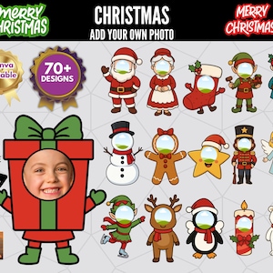 May include: A festive Christmas-themed graphic with various cartoon characters, including Santa Claus, elves, and a snowman. The image features a customizable gift box with a child's face, along with text that reads "Merry Christmas" and "Add Your Own Photo."