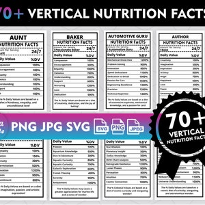 May include: A black and white graphic with the text "70+ Vertical Nutrition Facts". The graphic features a series of black and white vertical nutrition facts labels with different titles, such as "Aunt", "Baker", "Automotive Guru", and "Author". Each label lists different daily values and percentages for various qualities, such as compassion, creativity, and mechanical know-how.