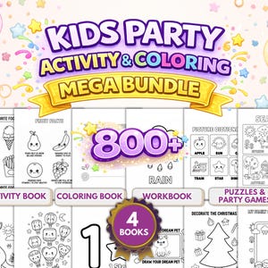 May include: A colorful image promoting a kids' activity and coloring mega bundle. The design features the text "KIDS PARTY ACTIVITY & COLORING MEGA BUNDLE" with balloons and stars. The bundle includes activity books, coloring books, workbooks, and puzzles.