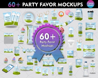Könnte beinhalten: Eine Sammlung von über 60 Party-Favoriten-Mockups mit verschiedenen Artikeln wie Taschen, Boxen, Bechern, Flaschen und Etiketten. Die Mockups wurden entwickelt, um Ihre individuellen Designs und Ihr Branding zu präsentieren.