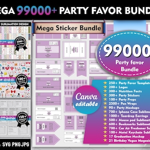 May include: A digital party favor bundle with over 99,000 items, including templates, logos, stickers, and more. The design features a purple and pink colour scheme with the text "MEGA 99000+ PARTY FAVOR BUNDLE" and "Canva editable."