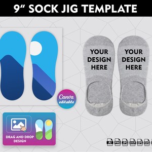 May include: A template for creating custom 9-inch socks. The template includes two sock shapes, one with a blue and purple mountain design and the other with a gray sock. The text "YOUR DESIGN HERE" is printed on each sock. The template is editable in Canva.