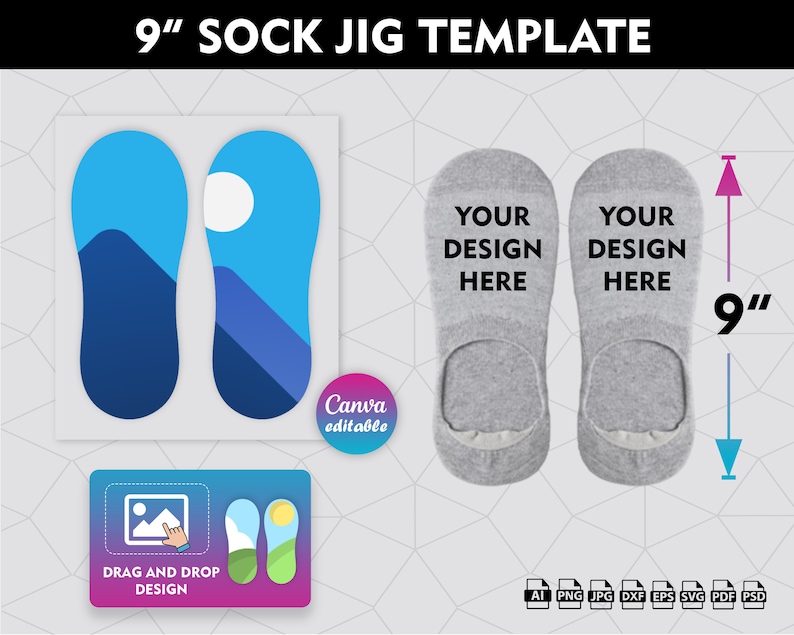 May include: A template for creating custom 9-inch socks. The template includes two sock shapes, one with a blue and purple mountain design and the other with a gray sock. The text "YOUR DESIGN HERE" is printed on each sock. The template is editable in Canva.