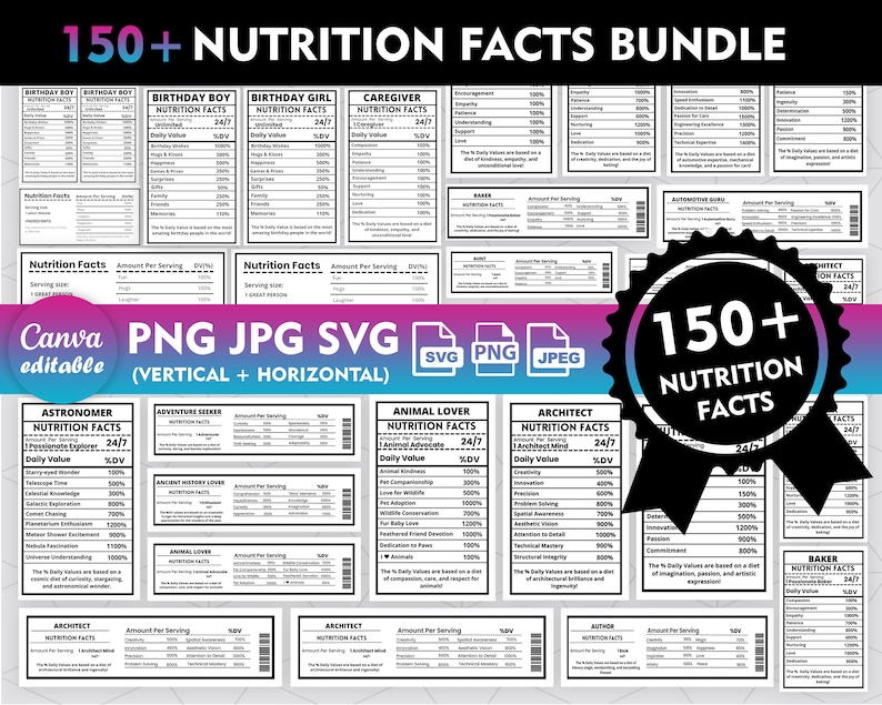 150 Nutrition Facts Template Bundle , Nutrition Facts PNG, Birthday Nutrition Facts Template, Nutrition facts SVG, Mom Nutrition Facts Mug image 1