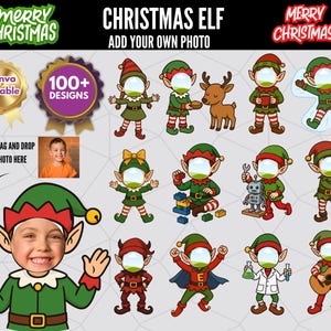 Puede incluir: Un diseño digital con varias ilustraciones de elfos navideños, cada una con espacio para una foto. Los elfos visten trajes verdes y rojos, sosteniendo objetos como una campana, un oso de peluche y una guitarra. El texto incluye "Merry Christmas" y "Christmas Elf."