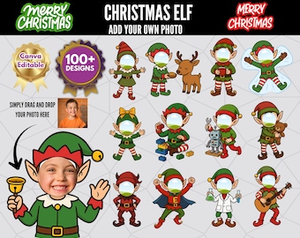 Pacchetto PNG fai da te per creare elfi, foto natalizia del viso (modificabile con Canva)