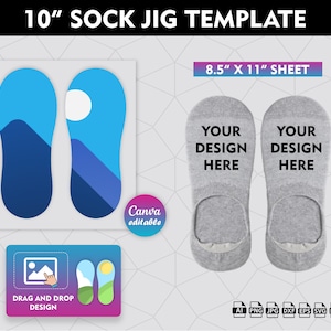 May include: A template for creating 10-inch sock jigs. The template is designed to be used with a 8.5-inch by 11-inch sheet of paper. The template includes two sock shapes, one with a mountain design and the other with a moon design. The template also includes instructions for dragging and dropping designs onto the sock shapes.
