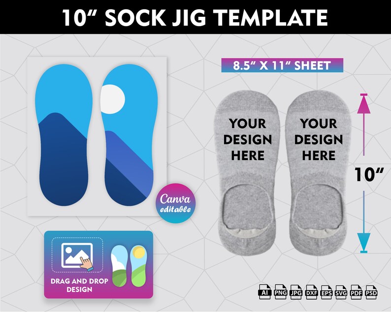 May include: A template for creating 10-inch sock jigs. The template is designed to be used with a 8.5-inch by 11-inch sheet of paper. The template includes two sock shapes, one with a mountain design and the other with a moon design. The template also includes instructions for dragging and dropping designs onto the sock shapes.