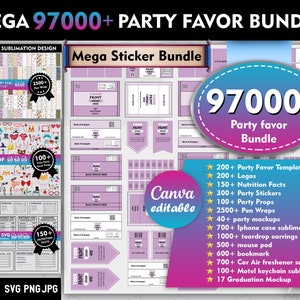 Puede incluir: Un paquete de diseño gráfico digital con más de 97.000 plantillas de favores de fiesta, logotipos, información nutricional, pegatinas, accesorios, envoltorios de bolígrafos, maquetas, fundas de teléfono, pendientes, alfombrillas de ratón, marcapáginas, ambientadores de coche, llaveros y maquetas de graduación. El paquete es editable en Canva.