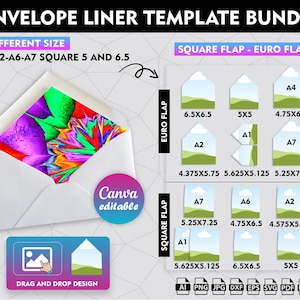 Op de afbeelding: Witte envelop met een kleurrijke, abstracte designvoering. De afbeelding toont een sjabloonbundel met verschillende envelopformaten en klepstijlen, waaronder Euro- en Vierkantkleppen. Tekst bevat "Envelope Liner Template Bundle", "Canva editable" en "Drag and Drop Design".