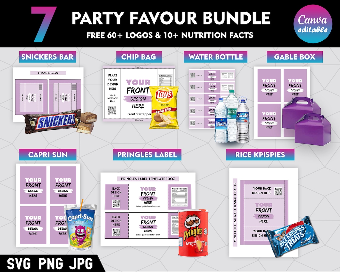 Party Favor Template Bundle, Editable Labels (canva) Etsy