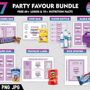 Può includere: Un pacchetto di bomboniere con sette articoli, tra cui una barretta Snickers, un sacchetto di patatine, una bottiglia d'acqua, una scatola Gable, Capri Sun, un'etichetta Pringles e Rice Krispies Treats. Il testo "Party Favor Bundle" è incluso.