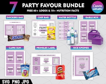 07 Party Favor Vorlagen, Template Bundle, Party Favors, Chip Bag Template, Capri Sun Labels, Schokoriegel Wrapper Template, Ring Pop