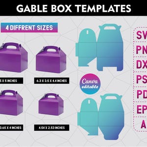 May include: Four different sizes of purple gable box templates. The boxes are shown folded and unfolded. The templates are available in SVG, PNG, DXF, PSD, PDF, EPS, and AI formats. Canva editable.