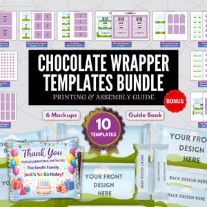 Könnte beinhalten: Ein Bundle von Schokoladenverpackungs-Vorlagen mit einem Druck- und Montageleitfaden. Das Bild zeigt verschiedene Mockups, ein Handbuch und Vorlagen für verschiedene Schokoriegelgrößen. Ein Beispiel-Wrapper-Design sagt "Danke" für einen Geburtstag.