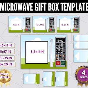 May include: A digital microwave gift box template with four different sizes: 8.5x11 inches, 11x17 inches, 13x19 inches, and 16x20 inches. The template features a microwave with a digital display and buttons, and a green and blue background.