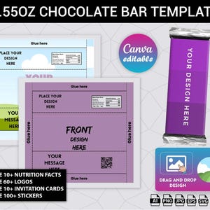 Könnte beinhalten: Eine Vorlage für eine 1,55 oz Schokoladenriegelverpackung. Die Vorlage ist mit Ihrem eigenen Design anpassbar und enthält eine Vorder- und Rückseite. Die Vorlage ist in Canva bearbeitbar und enthält kostenlose Nährwertangaben, Logos, Einladungskarten und Aufkleber.