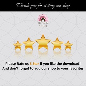 May include: Five gold stars with a reflection on a white background. The text "Please Rate us 5 Star if you like the download! And don't forget to add our shop to your favorites" is below the stars.