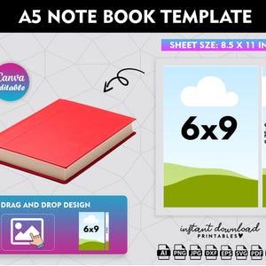 May include: A red A5 notebook template with a 6x9 inch design area. The template is editable in Canva and includes an instant download of printable files in AI, PNG, JPG, DXF, EPS, SVG, PDF, and PSD formats.