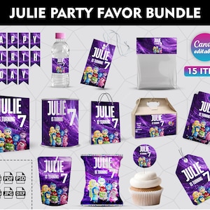 May include: A printable party favor bundle for a 7th birthday party with a space theme. The bundle includes 15 items, including tags, favor bags, cupcake toppers, and a banner that says "Julie is turning 7".