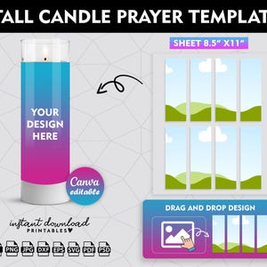 Puede incluir: Una plantilla imprimible para un diseño de oración de vela alta. La plantilla presenta una vela de vidrio transparente con un diseño degradado azul y rosa. El texto "YOUR DESIGN HERE" está impreso en la vela. La plantilla mide 8,5 pulgadas por 11 pulgadas y se puede editar en Canva.