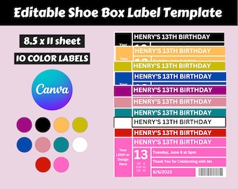 Shoe Box Label Template, Birthday Favor Box (Canva Editable, Digital Download)