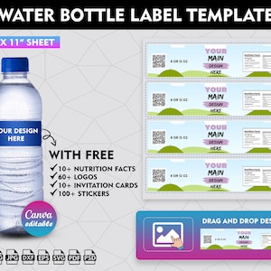 May include: A printable water bottle label template with a blue and white design. The template includes a space for your design, nutrition facts, logos, invitation cards, and stickers. The template is 8.5 inches by 11 inches.
