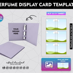 Op de afbeelding: Een lavendelkleurige parfum display kaart sjabloon met de tekst "PERFUME DISPLAY CARD TEMPLATE". De sjabloon bevat ruimte voor een parfumflesje en de tekst "YOUR DESIGN HERE". De sjabloon is 6,1 cm x 7,6 cm x 1,3 cm groot.