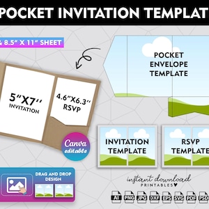 Pocketfold Template, 5x7 inch Pocket Wedding Invitation Template, Wedding Invitation with Envelope Template, Printable, Svg, Canva Editable