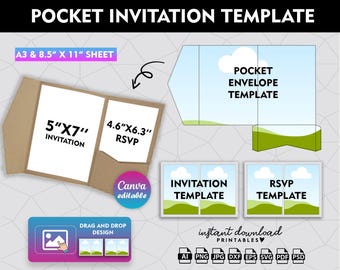 Pocketfold Template, 5x7 inch Pocket Wedding Invitation Template, Wedding Invitation with Envelope Template, Printable, Svg, Canva Editable