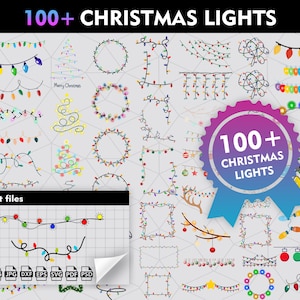 Może przedstawiać: Grafika cyfrowa z ponad 100 wzorami świateł bożonarodzeniowych. Obraz zawiera różne łańcuchy świetlne, kształty choinek i elementy dekoracyjne. Tekst "100+ CHRISTMAS LIGHTS" jest wyraźnie wyświetlany, wraz z "Cricut files" i ikonami typów plików.