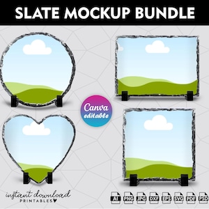 May include: A slate mockup bundle featuring four different shapes: a circle, a rectangle, a heart, and a square. Each slate has a black stand and a landscape scene. The text "SLATE MOCKUP BUNDLE" and "DRAG AND DROP" are visible.
