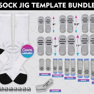 May include: A set of sock jig templates for creating custom socks in various sizes, including infant, toddler, youth, child, and adult. The templates are labeled with "Your Design Here" and include measurements in inches.