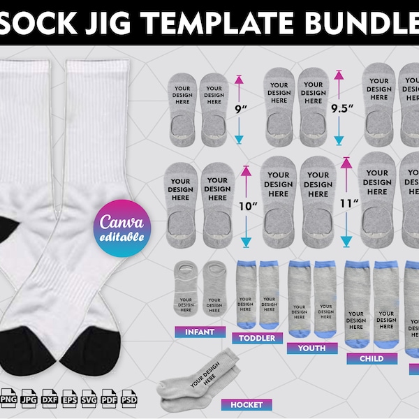 Sock Jig Template BUNDLE, Sock Jig Sublimation, Sock Insert Template, Ankle Sock Template Svg, No Show Sock Template, png, Canva Editable