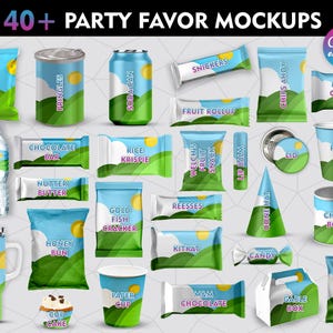 May include: A collection of 40+ party favor mockups featuring various packaging designs, including bags, boxes, cans, cups, and bottles. The mockups are designed with a green and white color scheme and feature various designs, such as a chocolate bar, a rice krispie treat, a fruit snack, a honey bun, and a gold fish cracker.