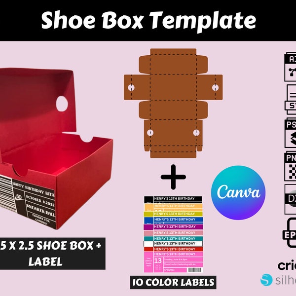 Schuhkarton-Vorlagenpaket, Sneaker-Box-Vorlagenpaket Svg, Schuhkarton-Etiketten-Svg, Geschenkbox-Svg, Party-Gastgeschenke-Box, Schuhkarton-Etikettenvorlage