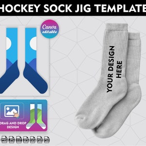May include: A digital template for creating hockey sock designs. The template features a pair of socks with a blue and white mountain design. The text "DRAG AND DROP DESIGN" is included. The text "YOUR DESIGN HERE" is on a pair of gray socks.