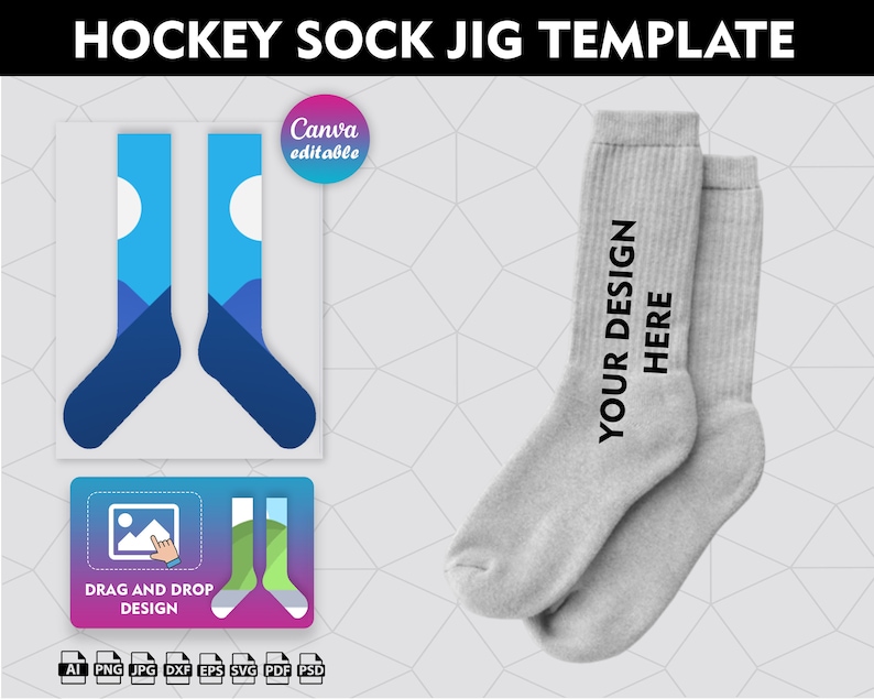 May include: A digital template for creating hockey sock designs. The template features a pair of socks with a blue and white mountain design. The text "DRAG AND DROP DESIGN" is included. The text "YOUR DESIGN HERE" is on a pair of gray socks.