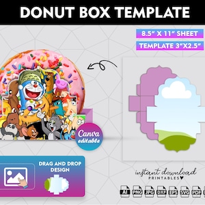 Könnte beinhalten: Druckbare Donut-Schachtelvorlage mit einem Cartoon-Design mit Figuren wie Tom und Jerry, Doraemon und anderen. Die Vorlage ist 8,5 Zoll mal 11 Zoll groß und kann verwendet werden, um Schachteln zu erstellen, die 3 Zoll mal 2,5 Zoll groß sind. Die Vorlage ist in Canva bearbeitbar.