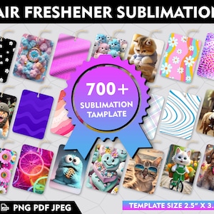 Op de afbeelding: Een verzameling van meer dan 700 sublimatie sjablonen voor luchtverfrissers. De sjablonen zijn 2,5 inch bij 3,5 inch en bevatten een verscheidenheid aan ontwerpen, waaronder dieren, patronen en abstracte ontwerpen.