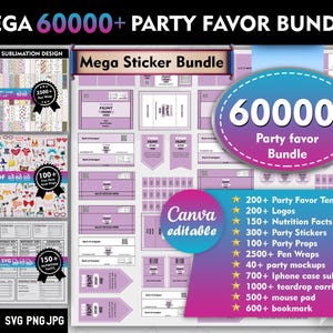 Può includere: Un collage digitale di immagini che mostrano un pacchetto di bomboniere con oltre 60.000 modelli, adesivi e design. Il pacchetto include modelli di bomboniere, loghi, informazioni nutrizionali, adesivi per feste, accessori per feste, involucri per penne, design di sublimazione per custodie di telefoni, orecchini a goccia, tappetini per mouse e segnalibri. Il testo "Canva editable" è incluso nell'immagine.
