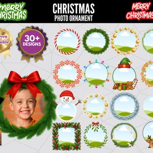 May include: A collection of Christmas photo ornament designs. The image features a variety of circular frames with festive decorations, including wreaths, lights, and gingerbread men. The text "MERRY CHRISTMAS" is displayed in green and red.
