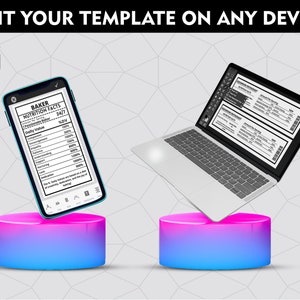 May include: A mockup of a phone and a laptop computer, both displaying a template with text and a checkmark. The phone and laptop are floating above a pink and blue gradient cylinder.